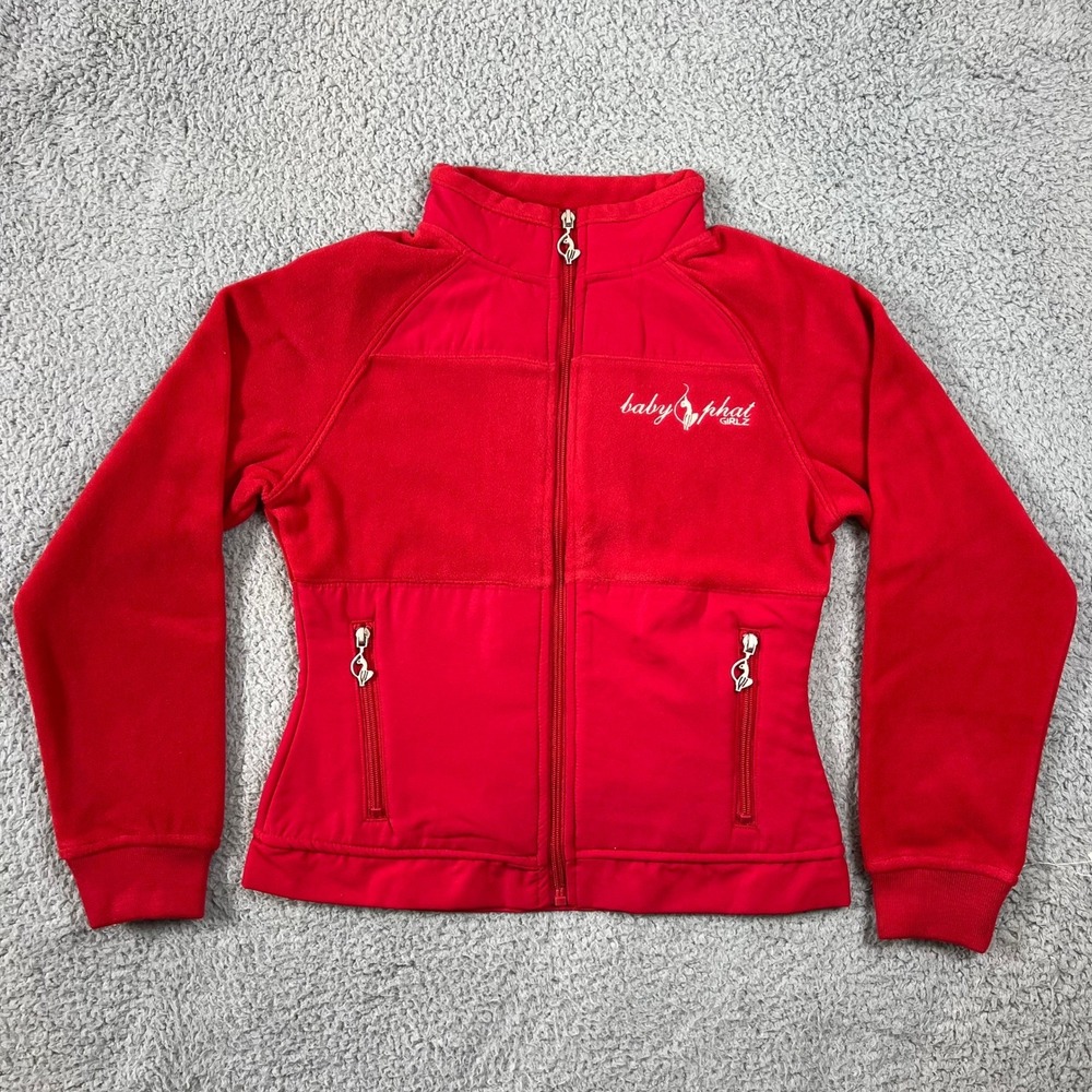 Baby Phat Girls Red Fleece Track Jacket Full‎ Zip Cat Logo & Headband Size L NWT